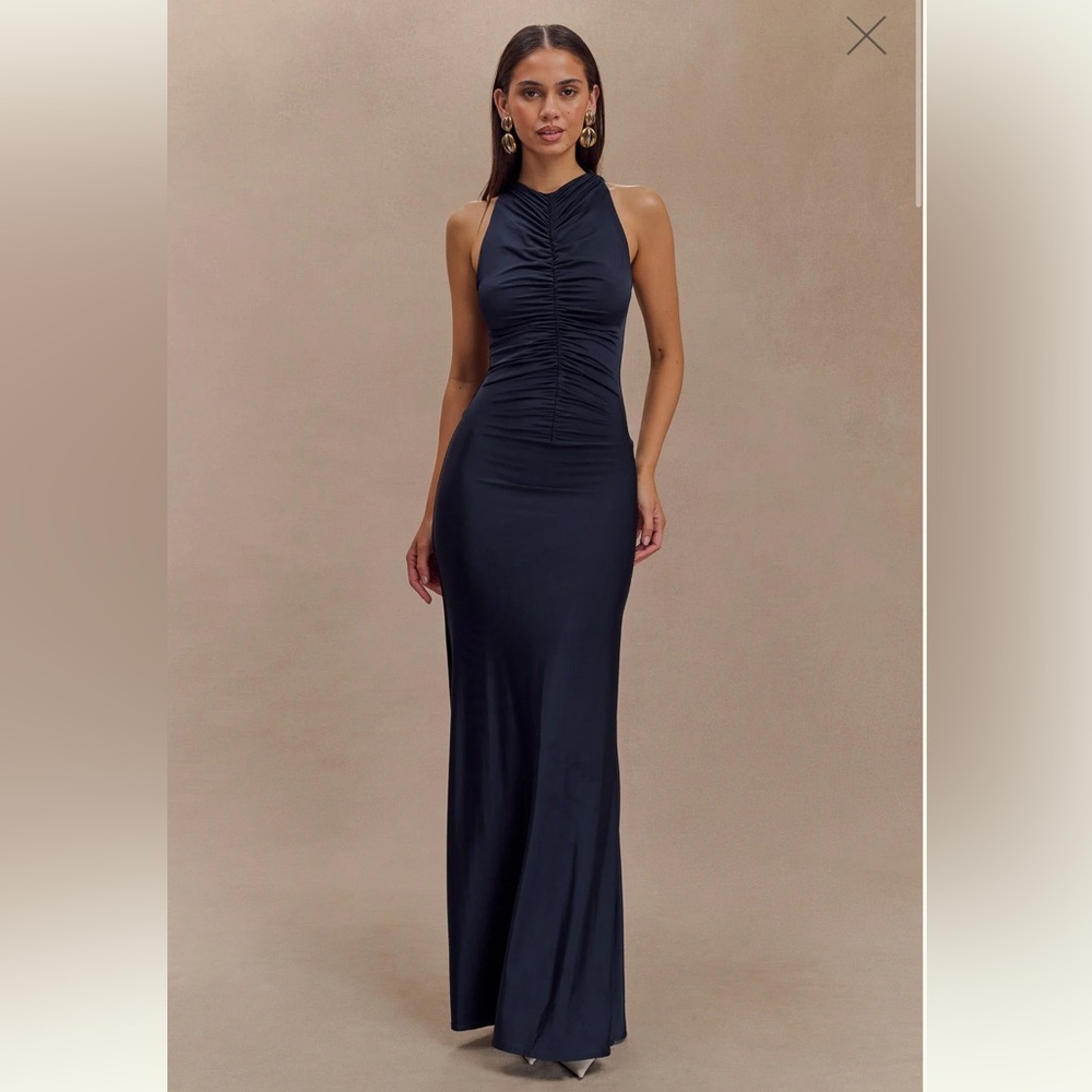 MESHKI Priya Slinky Ruched Halter Maxi Dress - Navy